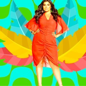 City Chic Orange Ruched V-Neck Midi Dress